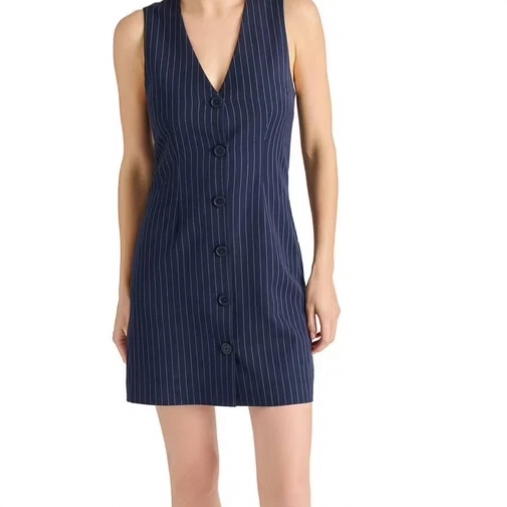Glam Chic Steve Madden XS Sleeveless Pinstripe Button Down Navy White Dress